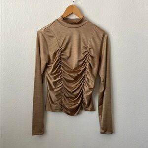 Guess Brown Ruched Long Sleeve Tee Blouse Gold Formal Mock Neck